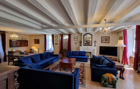 Spacious and bright living room with comfortable sofas