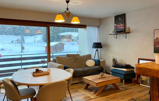 Vue d'ensemble de cet appartement face au domaine skiable des Rousses.