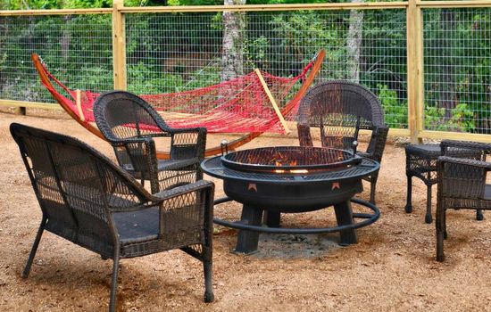 Each cabin come with its own fire pit, outdoor furniture and hammock.