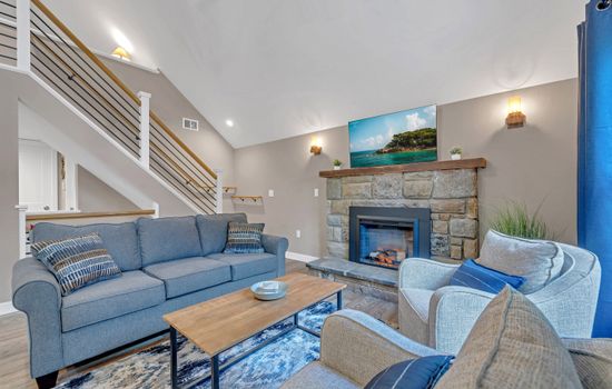 Living room with comfortable furniture and TV with electric fireplace