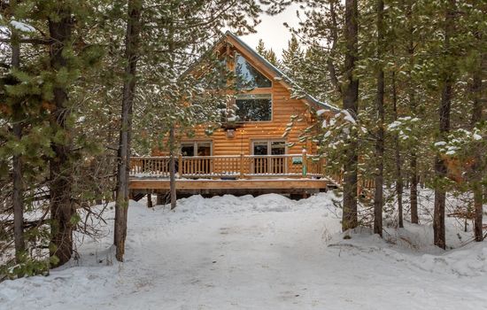Our beautiful cabin nestled in the tall pines.