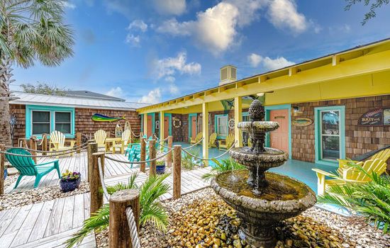 Outdoor fountain and beautiful design.  Seating area open to all guests.