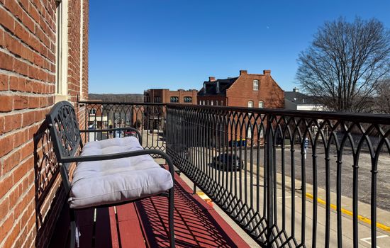 Quaint balcony with Missouri River view in downtown Washington, MO at the Tamm Loft.