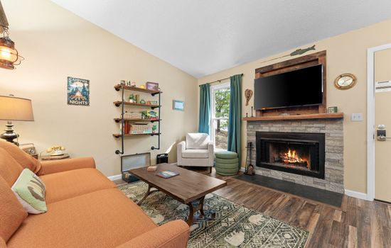 Living with wood burning fireplace