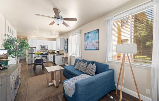 Sunlit living room flows seamlessly into a fully equipped kitchen and dining space.