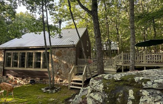 Historic rock home with large back porch, moss yard, fire pit, and horse shoes.