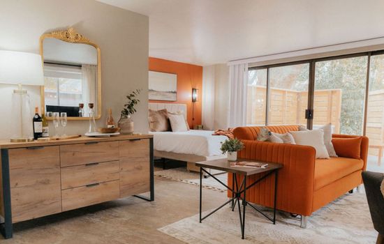 A bright, open space to relax and recharge. Sofa is a sofa bed.