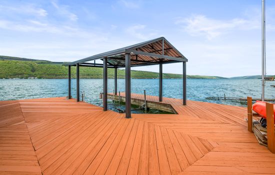 Lakefront deck with shaded canopy