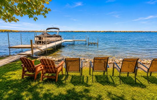 Lakeside seating with dock and water views