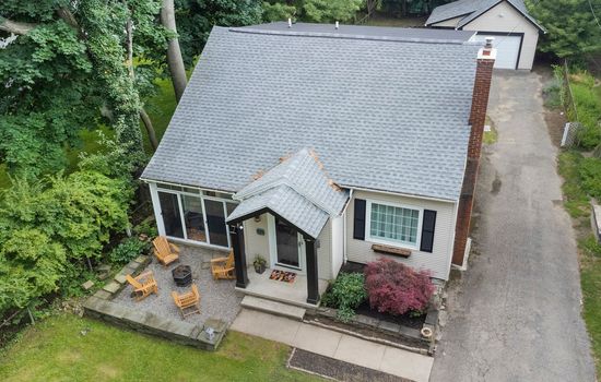 Aerial view of house and driveway