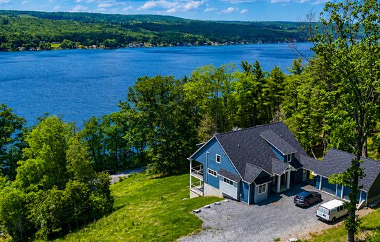 Aerial view of the lakefront home
