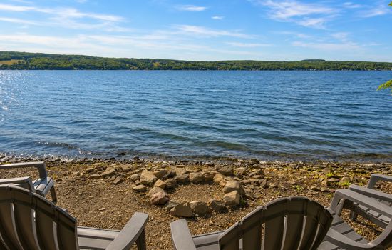 Wide lake views from the rocky shoreline