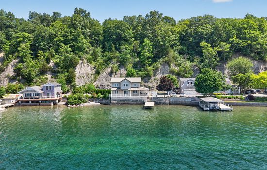 Aerial view of homes along the shoreline