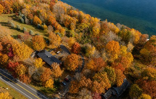Aerial view of townhomes in autumn